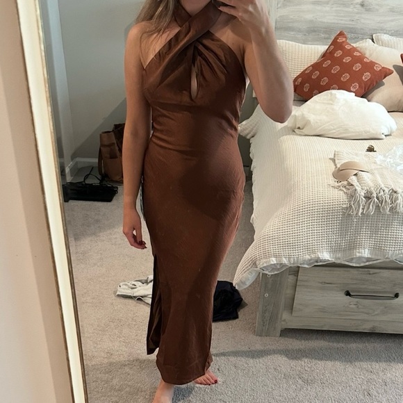 Lulus Dresses & Skirts - Lulu’s Satin Brown Halter Dress